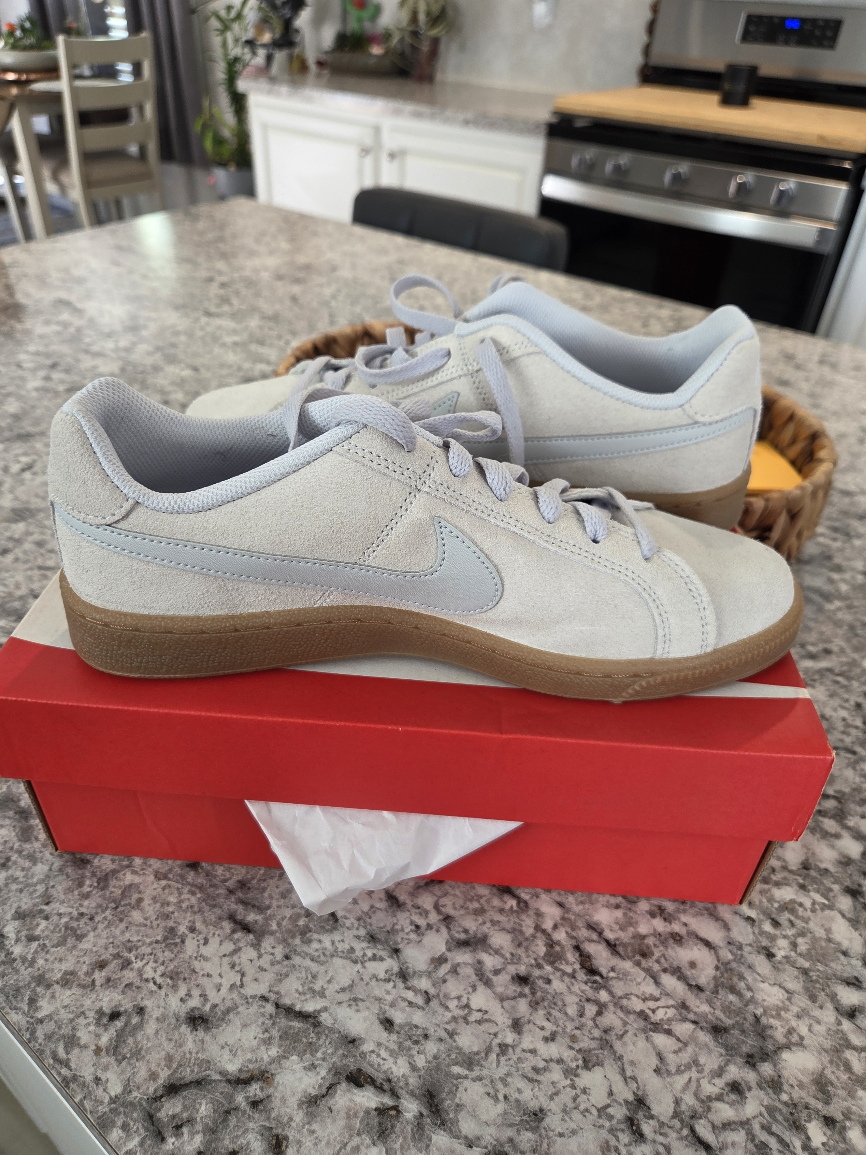 New In Box Nike Court Royal Suede Low-Top Sneakers In Light Gray With Gum Sole